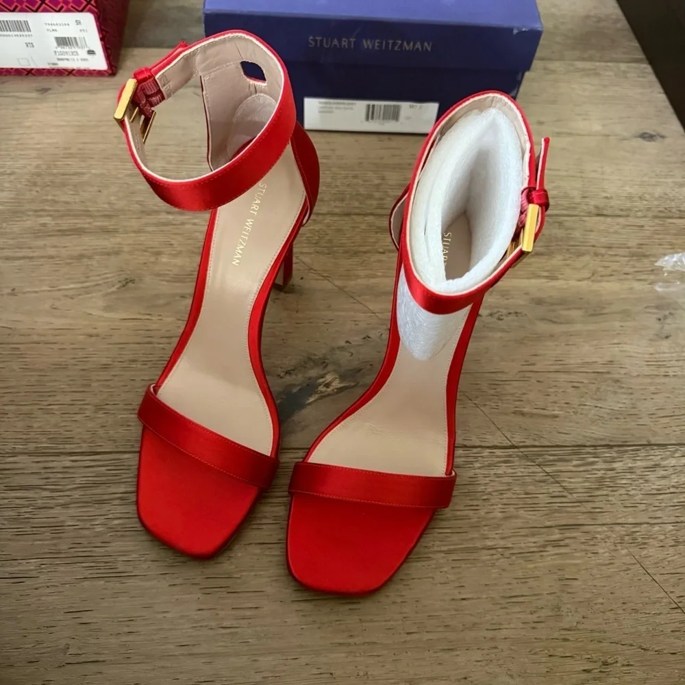 Stuart Weitzman Red Satin Heels with Ankle Strap